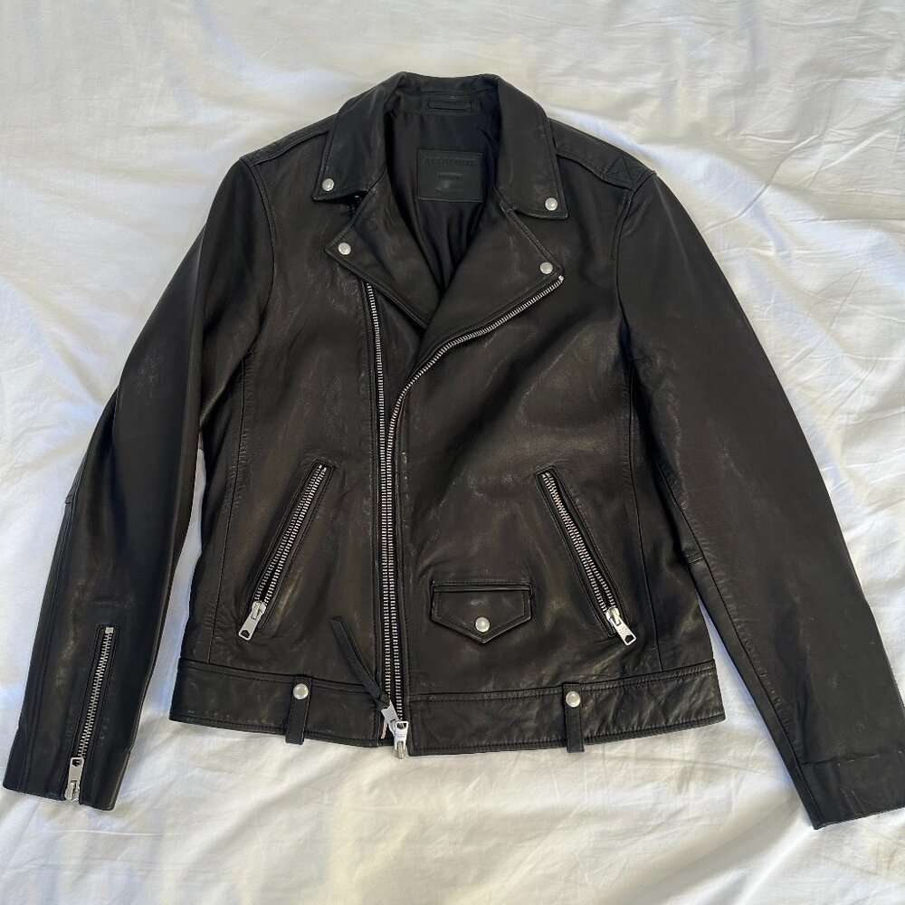 Allsaints Milo Asymmetric Zip Leather Biker Jacket Black Men's M Medium